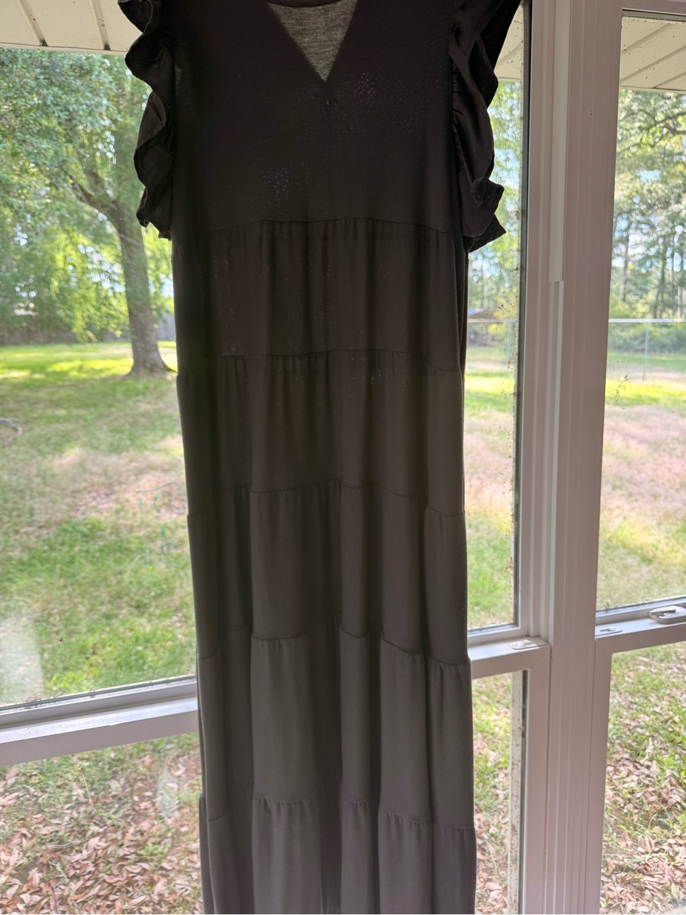 Zenana Outfitters Gray Tiered Ruffle Sleeve Maxi Dress